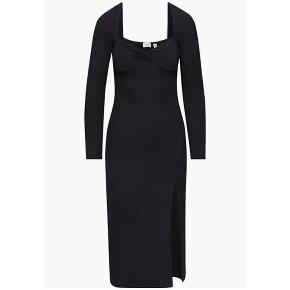 Aritzia Wilfred Black Palm Dress Ling Sleeve Knit Midi Slit Twist Front Size M - Picture 1 of 6